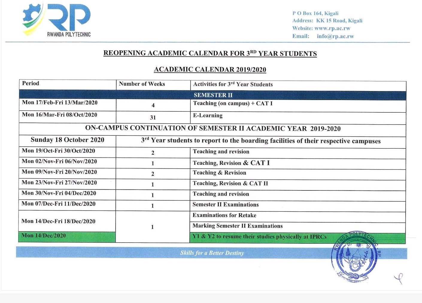 Rwanda PolytechnicThe reopening Academic calendar for the 3rd year